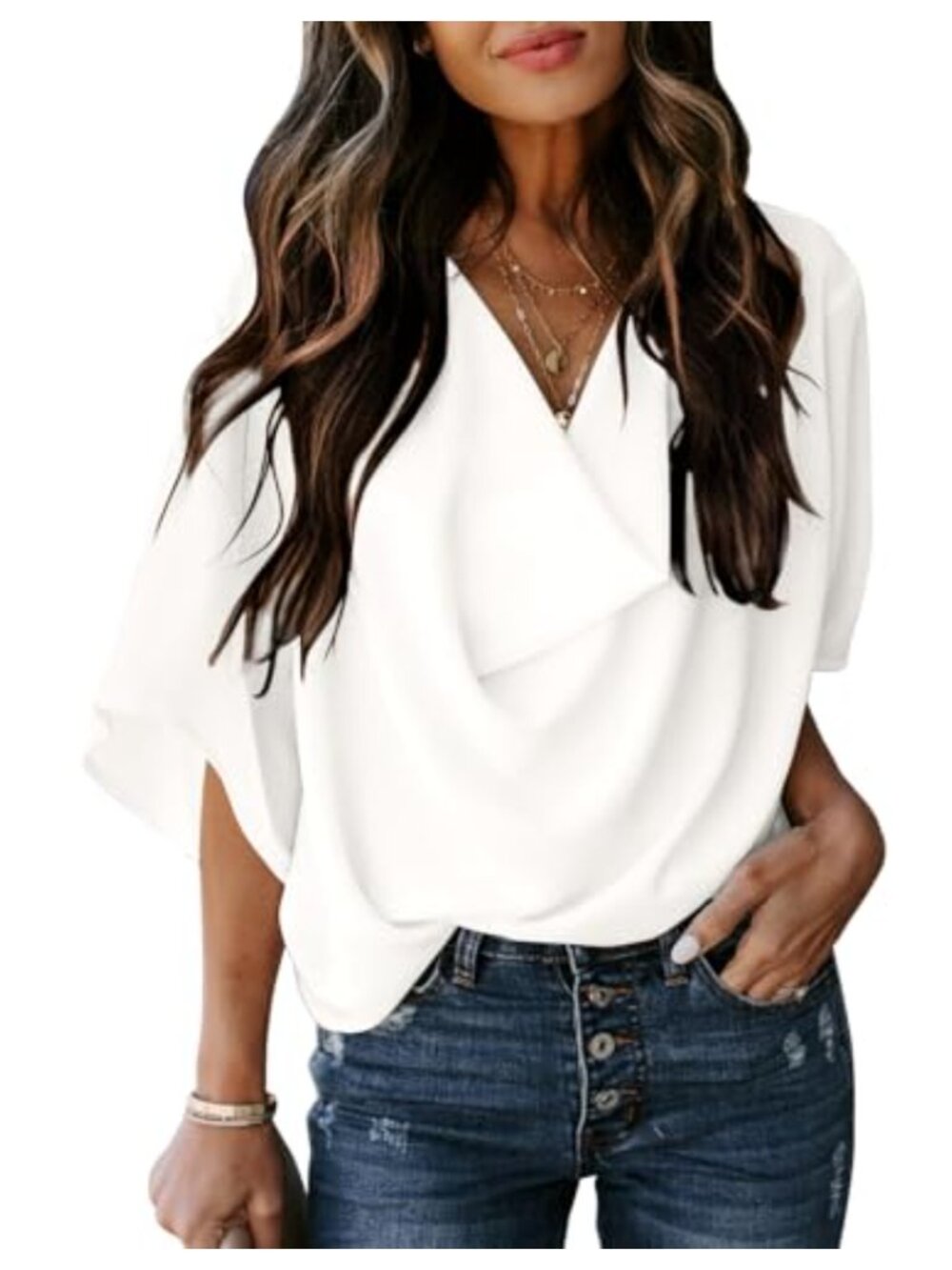 Women's Short Sleeve V-Neck Chiffon Blouse Loose Fit Casual Top